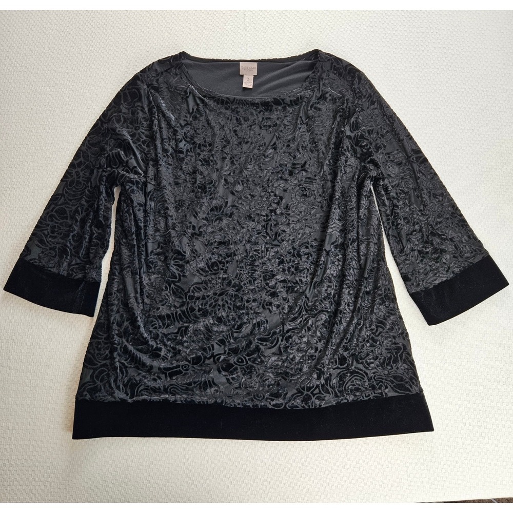 Chico's Easywear Black Burnout Velvet Floral Tunic Top Size 3 Whimsigoth